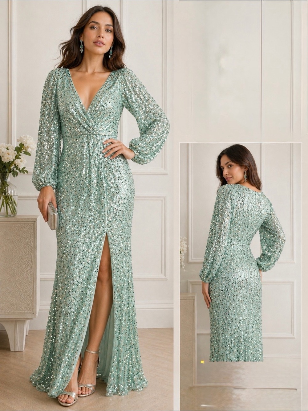 Mac Duggar Sequin V-Neck Long Sleeve Gown in Mint Green size 8